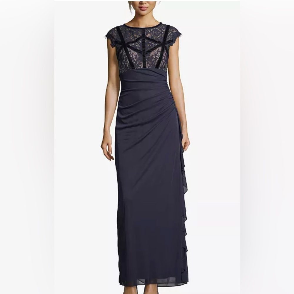 Betsy & Adam petite ruched lace-bodice gown in navy blue Size 2P